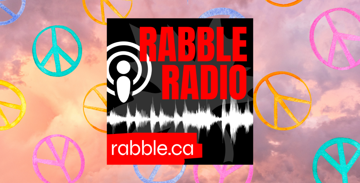 rabble radio logo with a Code Pink background