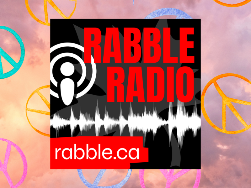 rabble radio logo with a Code Pink background