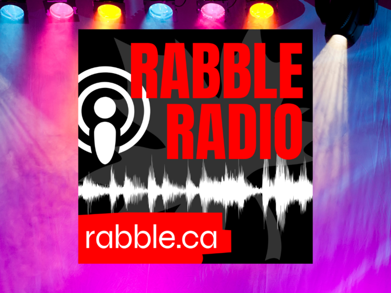 promotional photo of rabble radio, with coloured spotlights in the background