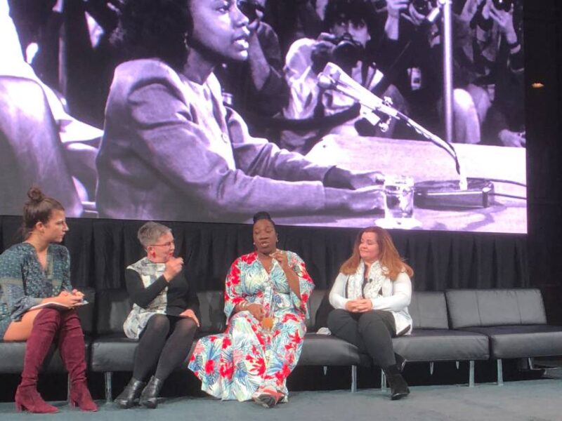 Tarana Burke, seated centre-right, speaking at the 2018 Disobedience Awards in Cambridge, MA.