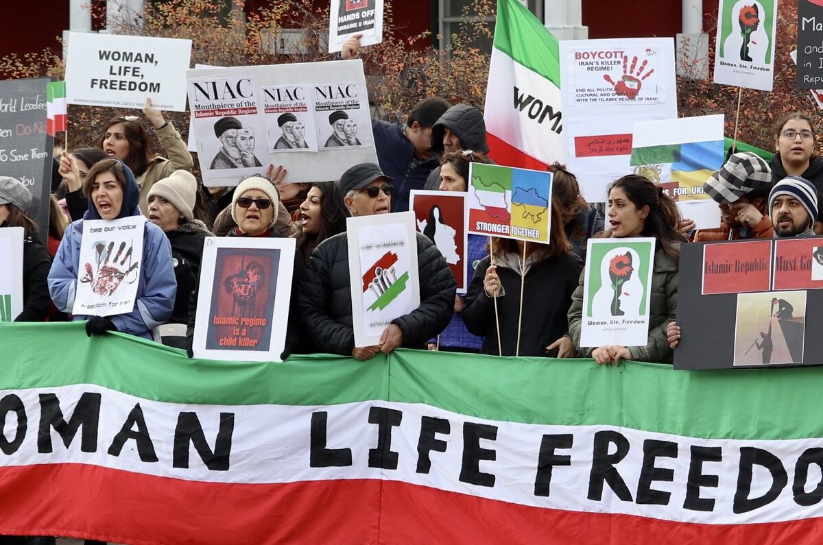 Photo of a protest with the slogan "Women, Life, Freedom" following the death of Mahsa Amini in police custody.