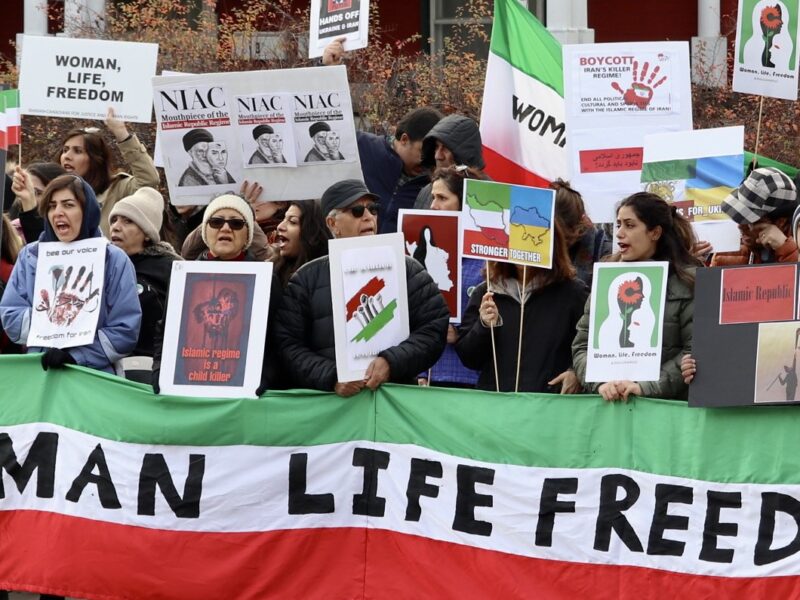 Photo of a protest with the slogan "Women, Life, Freedom" following the death of Mahsa Amini in police custody.