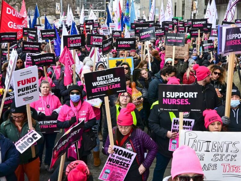 ONA members rally outside of the Sheraton Hotel in Toronto on Thursday, March 2.