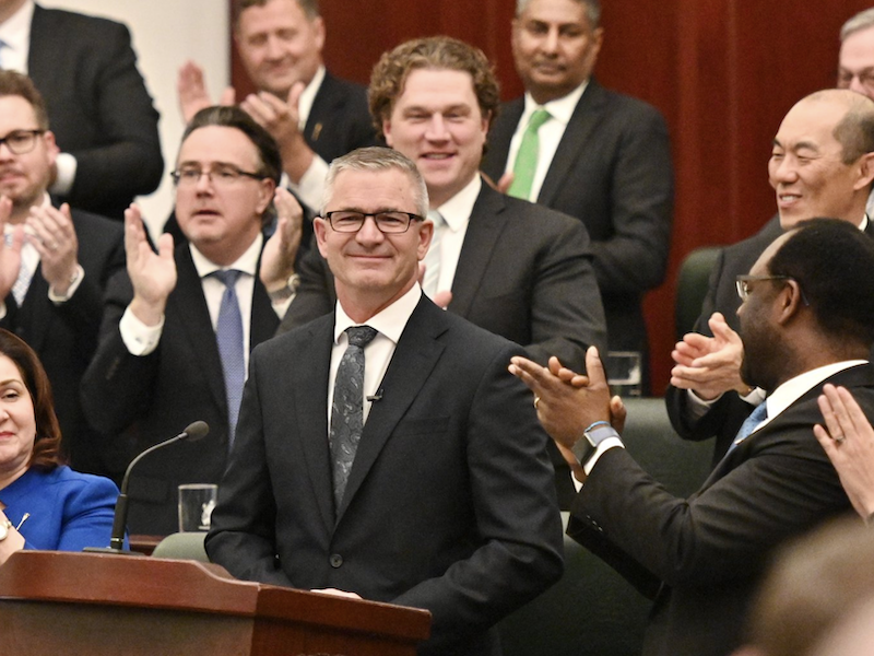 Alberta Finance Minister Travis Toews is applauded by Alberta Premier Danielle Smith, at right, and members of her cabinet during Tuesday’s Budget Speech.