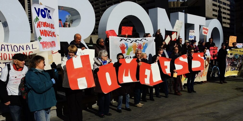 A right to housing protest in front of Toronto City Hall.