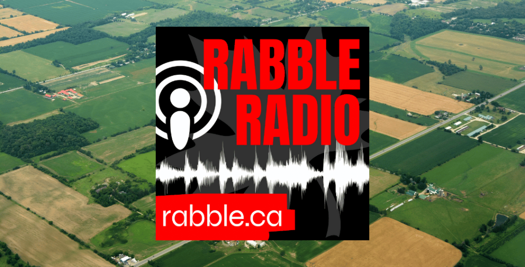 Ontario farmland in overhead shot, rabble radio logo