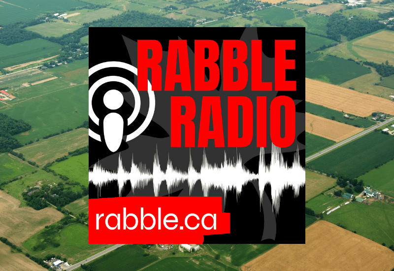 Ontario farmland in overhead shot, rabble radio logo