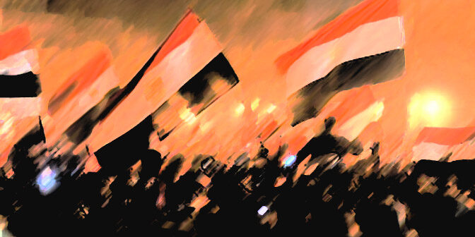 An images of figures protesting in Tahrir Square during the Arab Spring.