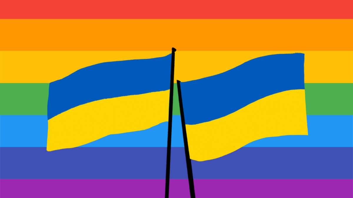 Ukraine flags on a rainbow background.