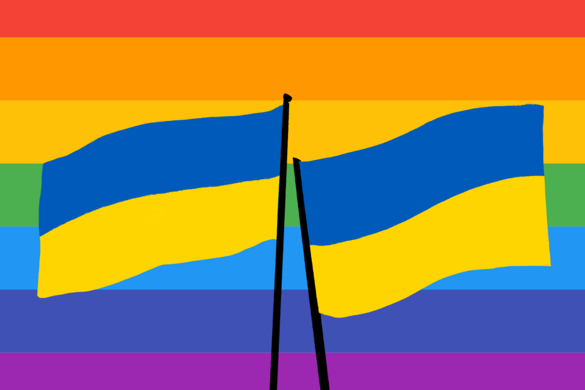 Ukraine flags on a rainbow background.