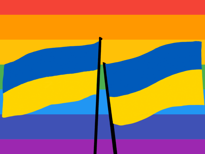 Ukraine flags on a rainbow background.