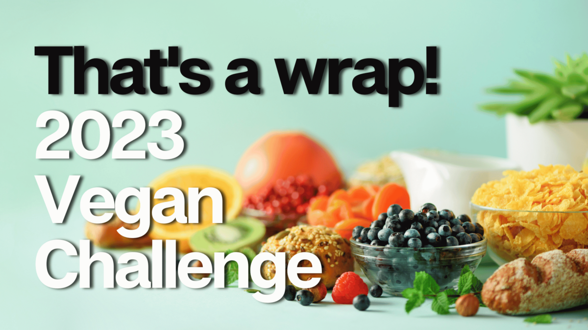 A cornucopia of fruits and vegan breads with the text 'That's a Wrap! 2023 Vegan Challenge' on top.