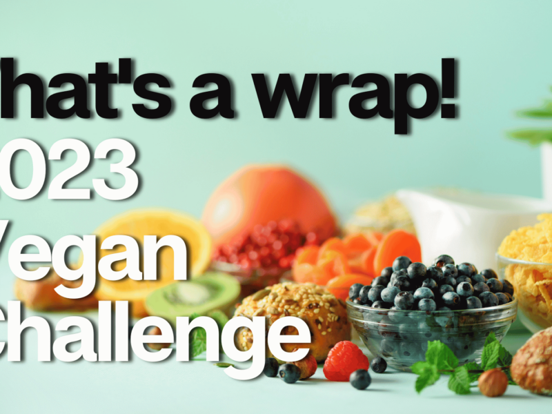 A cornucopia of fruits and vegan breads with the text 'That's a Wrap! 2023 Vegan Challenge' on top.