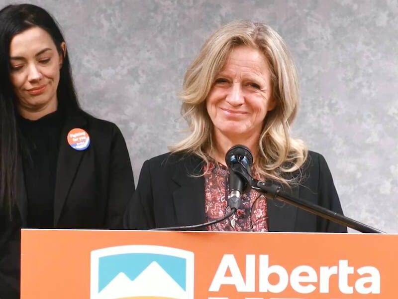 Alberta Opposition Leader and former premier Rachel Notley with the NDP’s Peace River candidate, Liana Paiva, during a news conference in Grande Prairie on April 13.