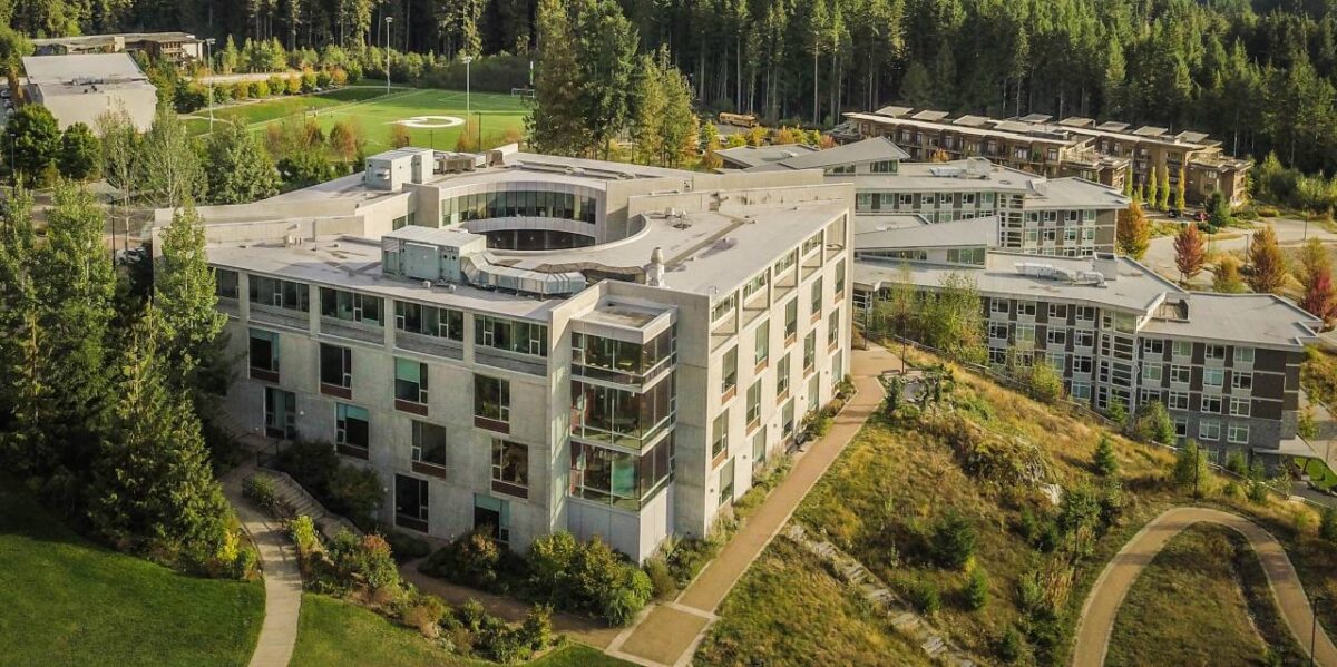 An aerial view of the Quest University campus.