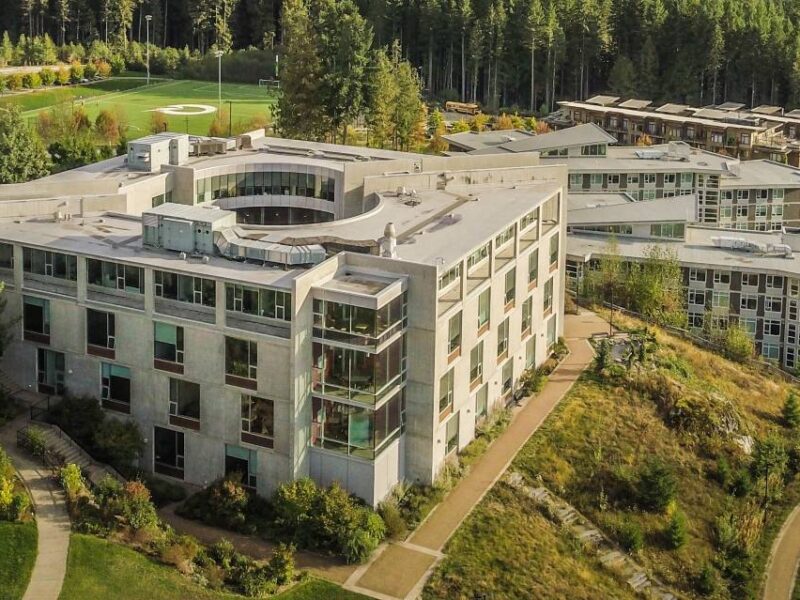 An aerial view of the Quest University campus.