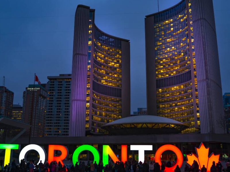 Toronto City Hall at dusk.