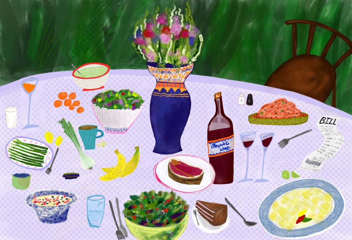 An illustration of a table with vegan foods.