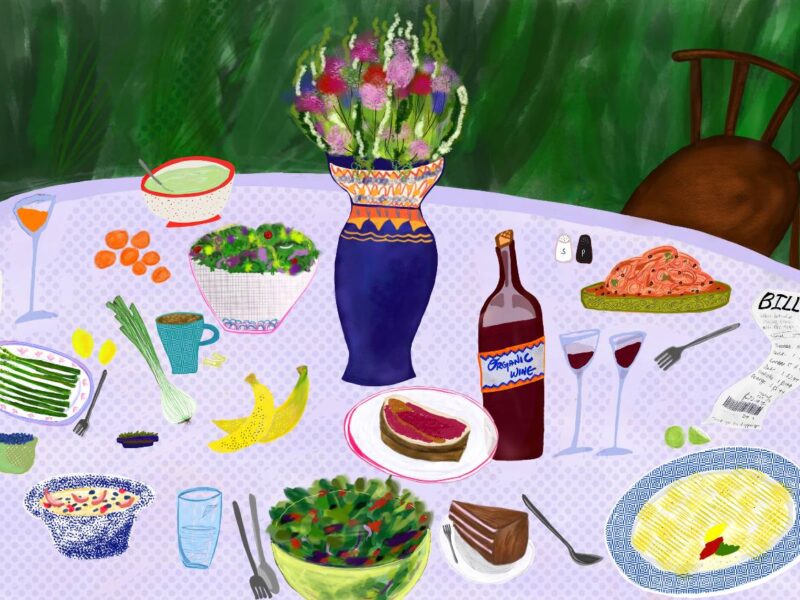 An illustration of a table with vegan foods.