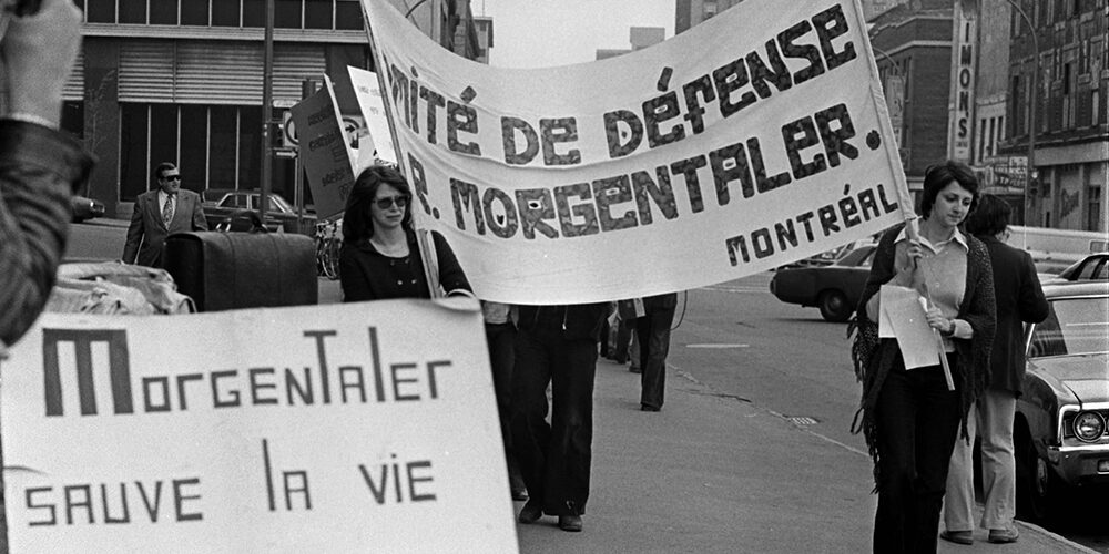 Women rallying in support of Dr. Henry Morgentaler in 1975.