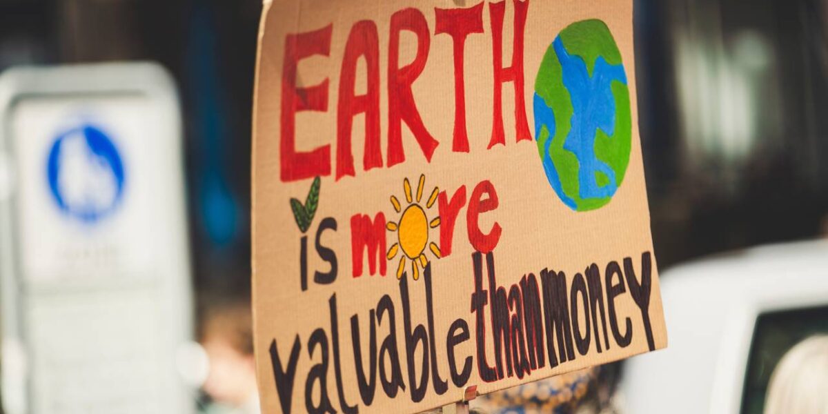 A protest sign explaining the Earth is more valuable than money.
