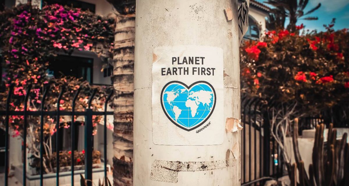 A sign taped to a post promoting an Earth first message.