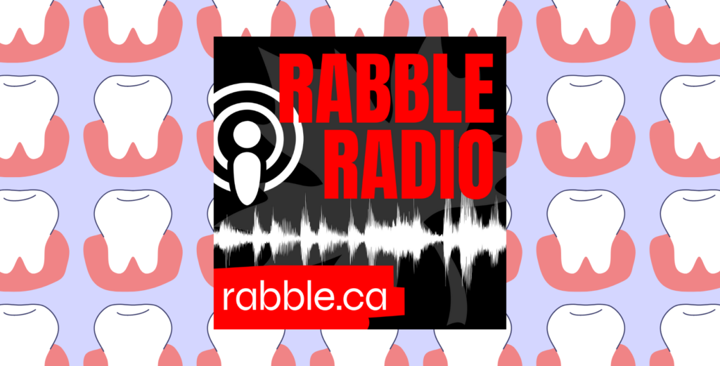 rabble radio logo on pink and purple background of cartoon teeth image