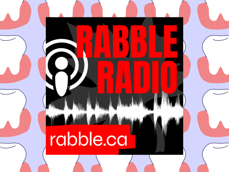 rabble radio logo on pink and purple background of cartoon teeth image