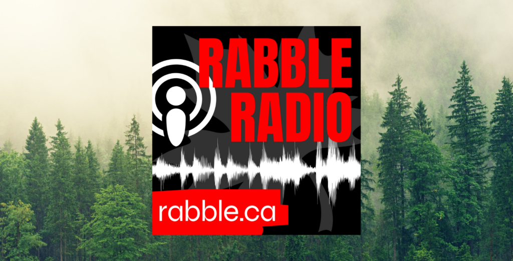 A smokey forest in the background of the rabble radio logo.