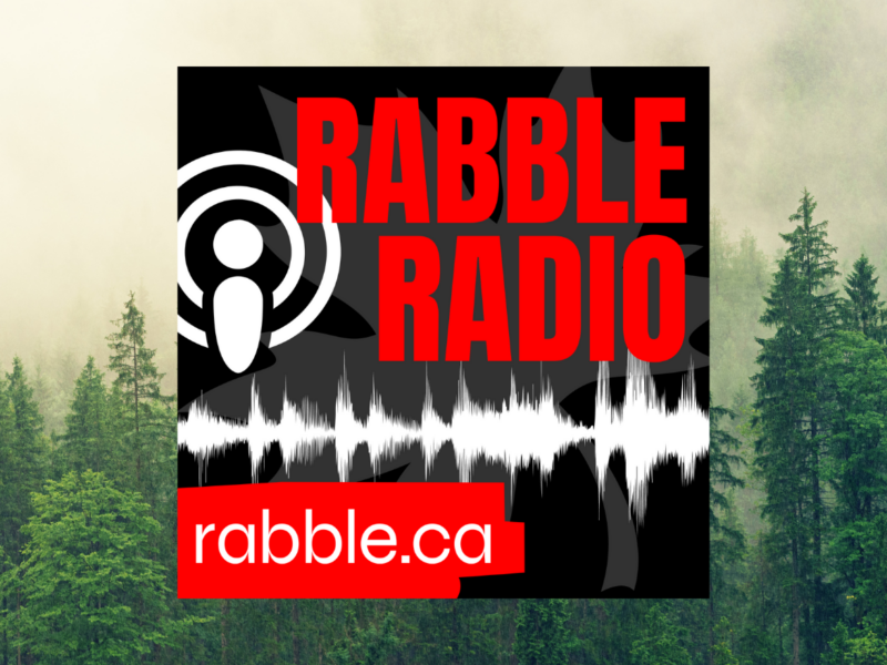 A smokey forest in the background of the rabble radio logo.