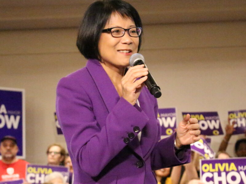 Olivia Chow speaks to a crowd during the Toronto mayoral election in 2014.