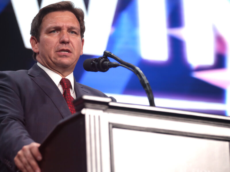 Governor Ron DeSantis speaking with attendees at a "Unite & Win Rally" at Arizona Financial Theatre in Phoenix, Arizona.