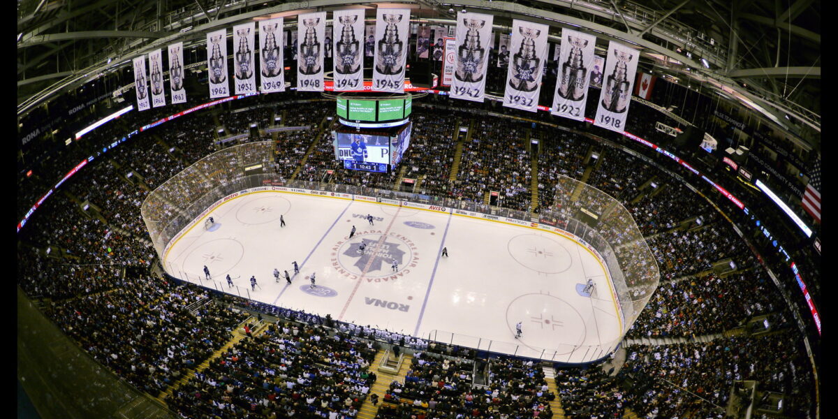 A photo overlooking a hockey stadium during a Toronto Maple Leafs game.