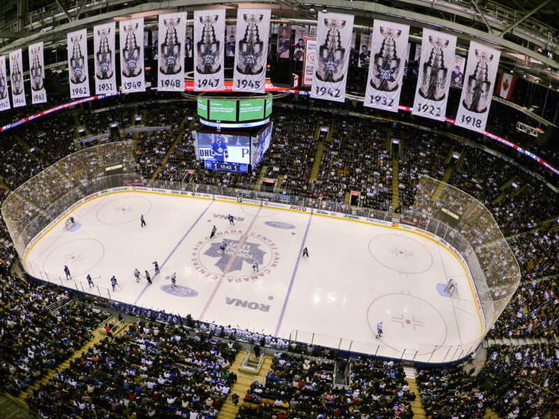 A photo overlooking a hockey stadium during a Toronto Maple Leafs game.