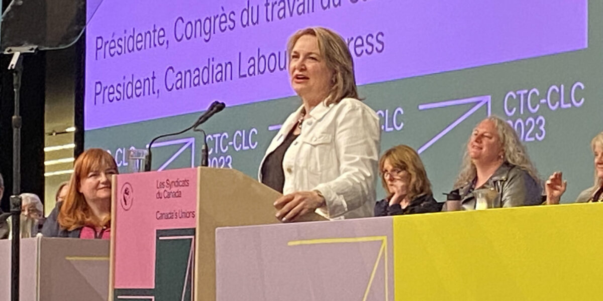 Canadian Labour Congress President Bea Bruske addressing the constitutional convention during the opening ceremonies in Montreal on Monday, May 8.