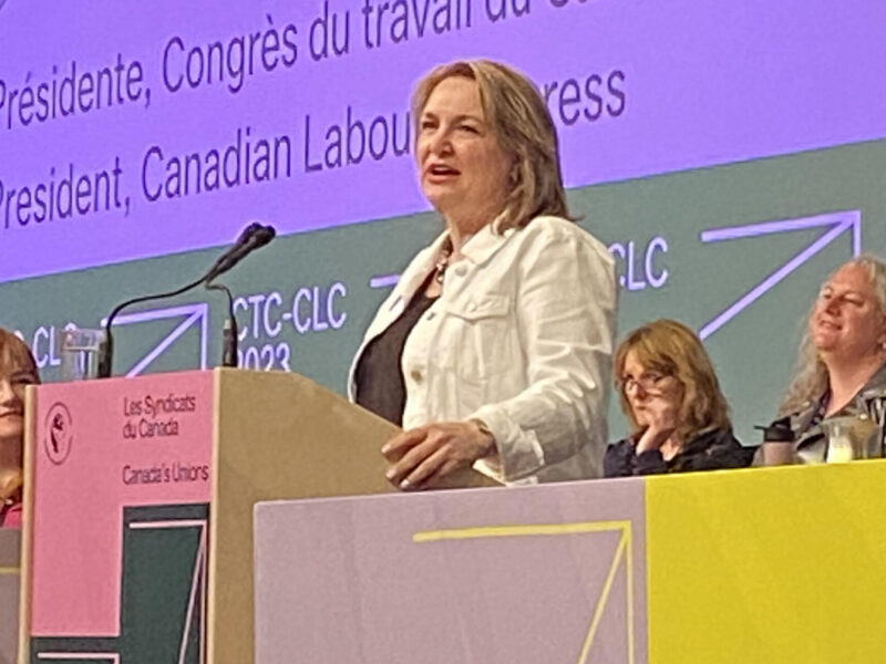 Canadian Labour Congress President Bea Bruske addressing the constitutional convention during the opening ceremonies in Montreal on Monday, May 8.