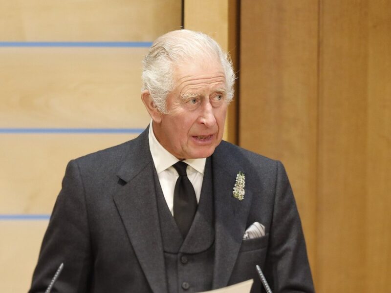 King Charles, on the job at last, looking rather diffident, or perhaps just chilly because he was wearing a kilt, while addressing the Scottish Parliament (Photo: Scottish Parliament).