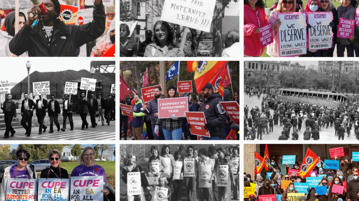 A collage of labour protests and parades throughout Canadian history.