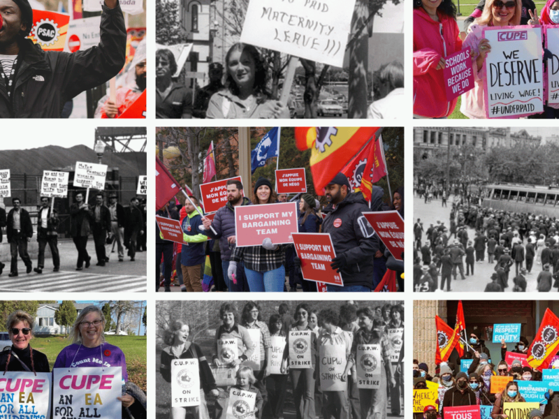 A collage of labour protests and parades throughout Canadian history.