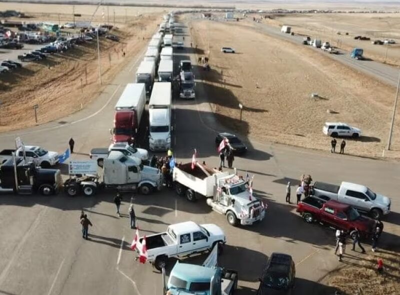 The convoy blockade north of the Coutts border crossing in 2022.