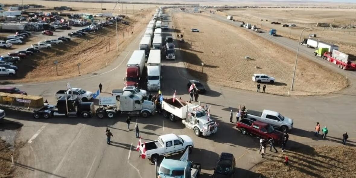 The convoy blockade north of the Coutts border crossing in 2022.