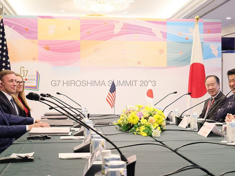 Japan Prime Minister Fumio Kishida holds a meeting with U.S. President Joseph Biden before the 2023 G7 Hiroshima Summit.