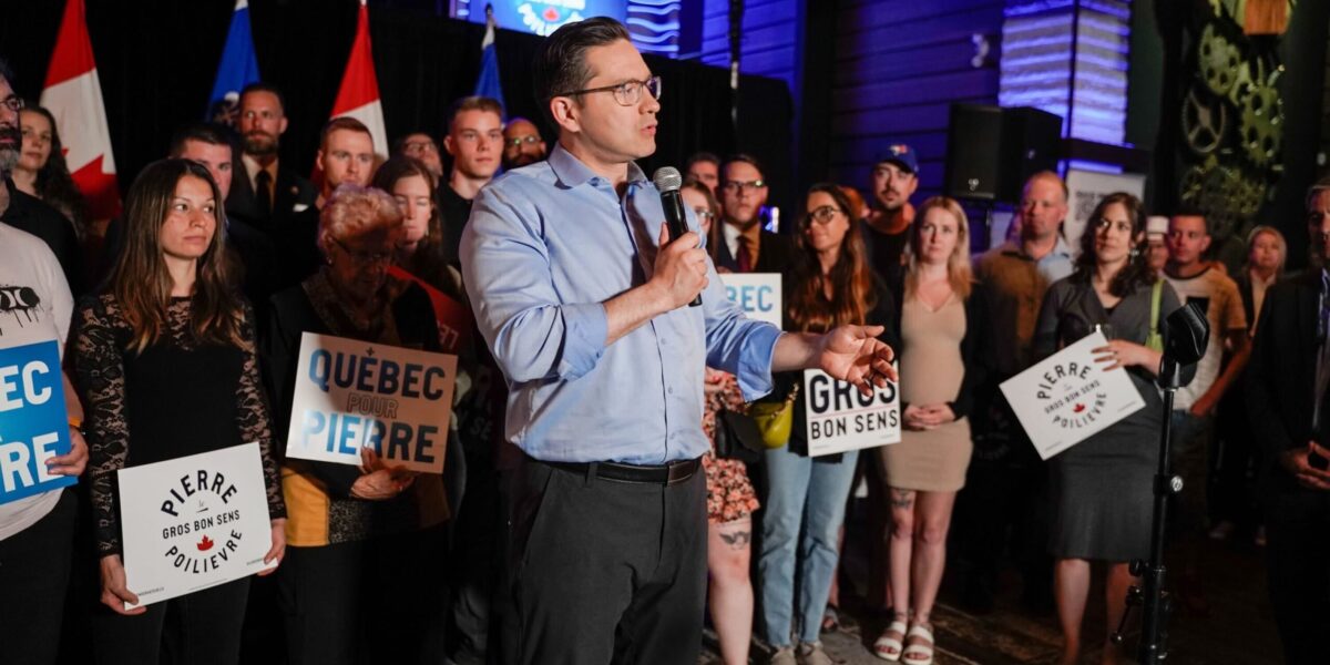 Conservative Party leader Pierre Poilievre at a rally in Quebec.