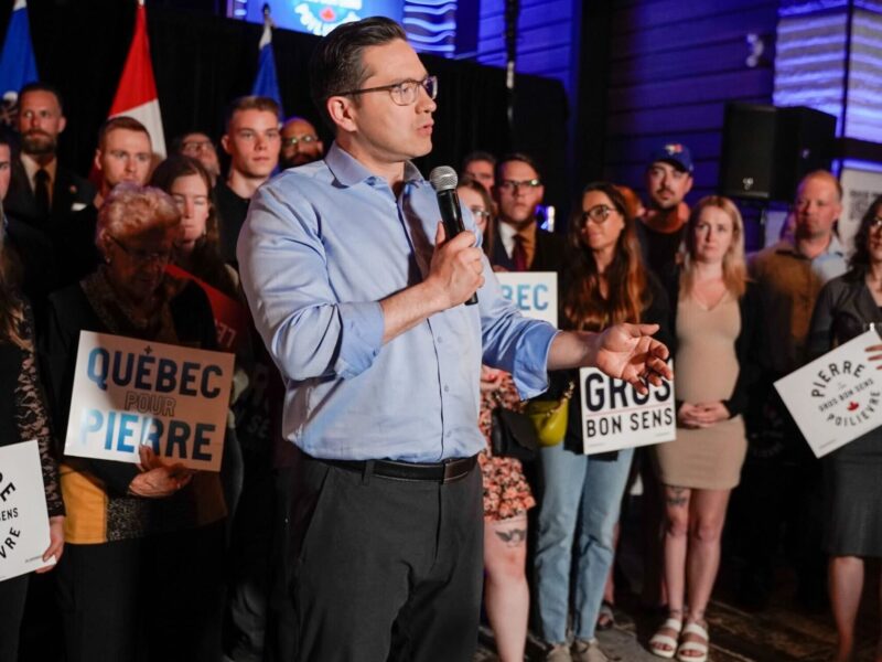 Conservative Party leader Pierre Poilievre at a rally in Quebec.