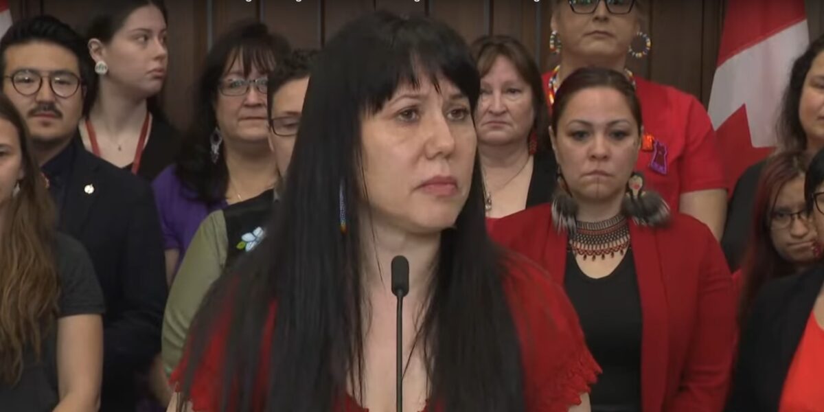 Winnipeg Centre NDP MP Leah Gazan speaking to the media after the vote on her motion for a national Red Dress Alert system on Tuesday, May 2, 2023.