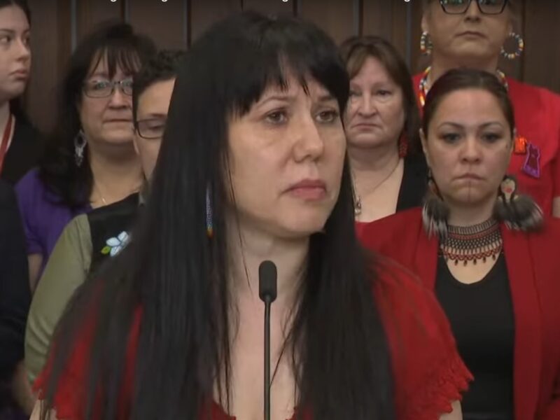 Winnipeg Centre NDP MP Leah Gazan speaking to the media after the vote on her motion for a national Red Dress Alert system on Tuesday, May 2, 2023.
