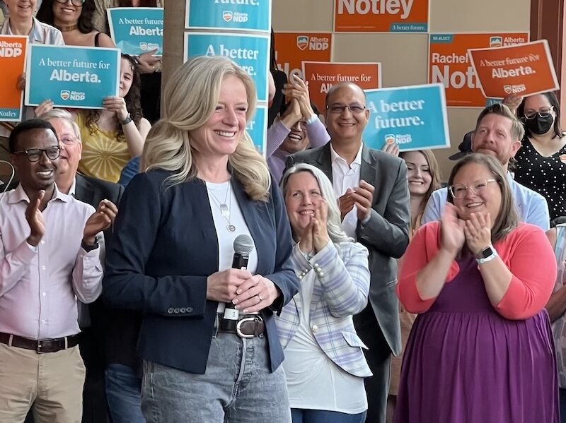 Alberta NDP Leader Rachel Notley flanked by many of her Edmonton-area candidates at the Citadel Theatre on May 19, 2023.