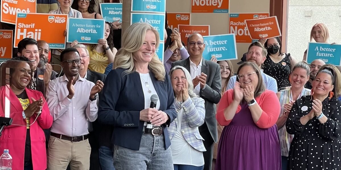 Alberta NDP Leader Rachel Notley flanked by many of her Edmonton-area candidates at the Citadel Theatre on May 19, 2023.