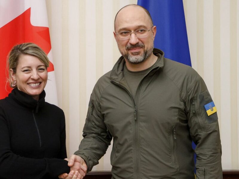 Canada's Global Affairs Minister Melanie Joly shaking hands with Ukrainian Prime Minister Denys Shmyhal.