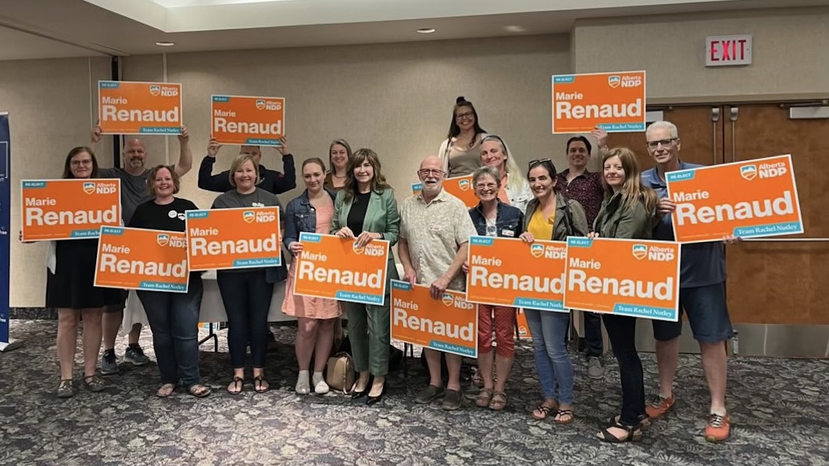 St. Albert NDP MLA Marie Renaud with some of her supporters after the May 16, 2023, all candidates-meeting.